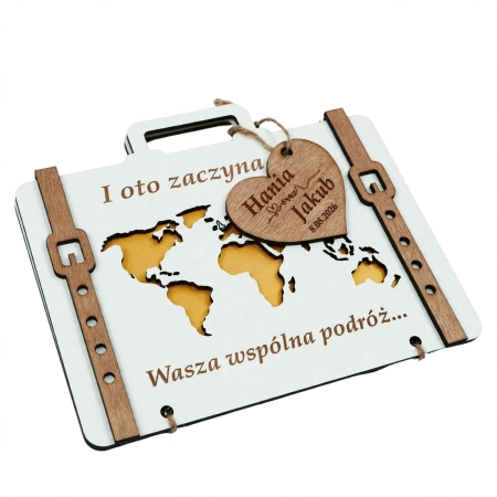 Piękna drewniana walizka podróżna prezent ślubny dla pary młodej koperta na pieniądze